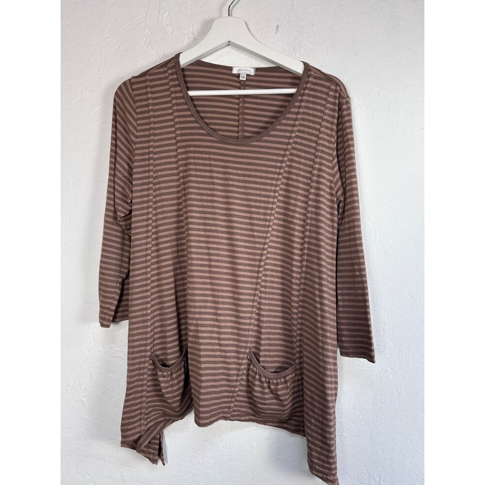 Heartstring Womens Brown Tan Striped Tunic Top With Pockets Medium 3/4 Sleeve